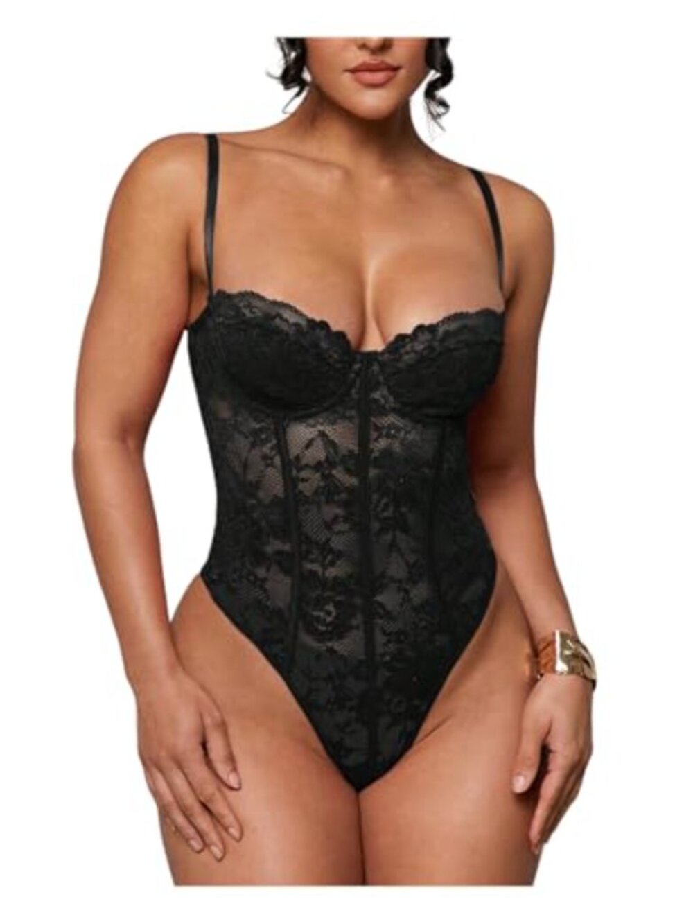 Sheer Lace Underwire Bodysuit Corset Top Sleeveless Adjustable Strap